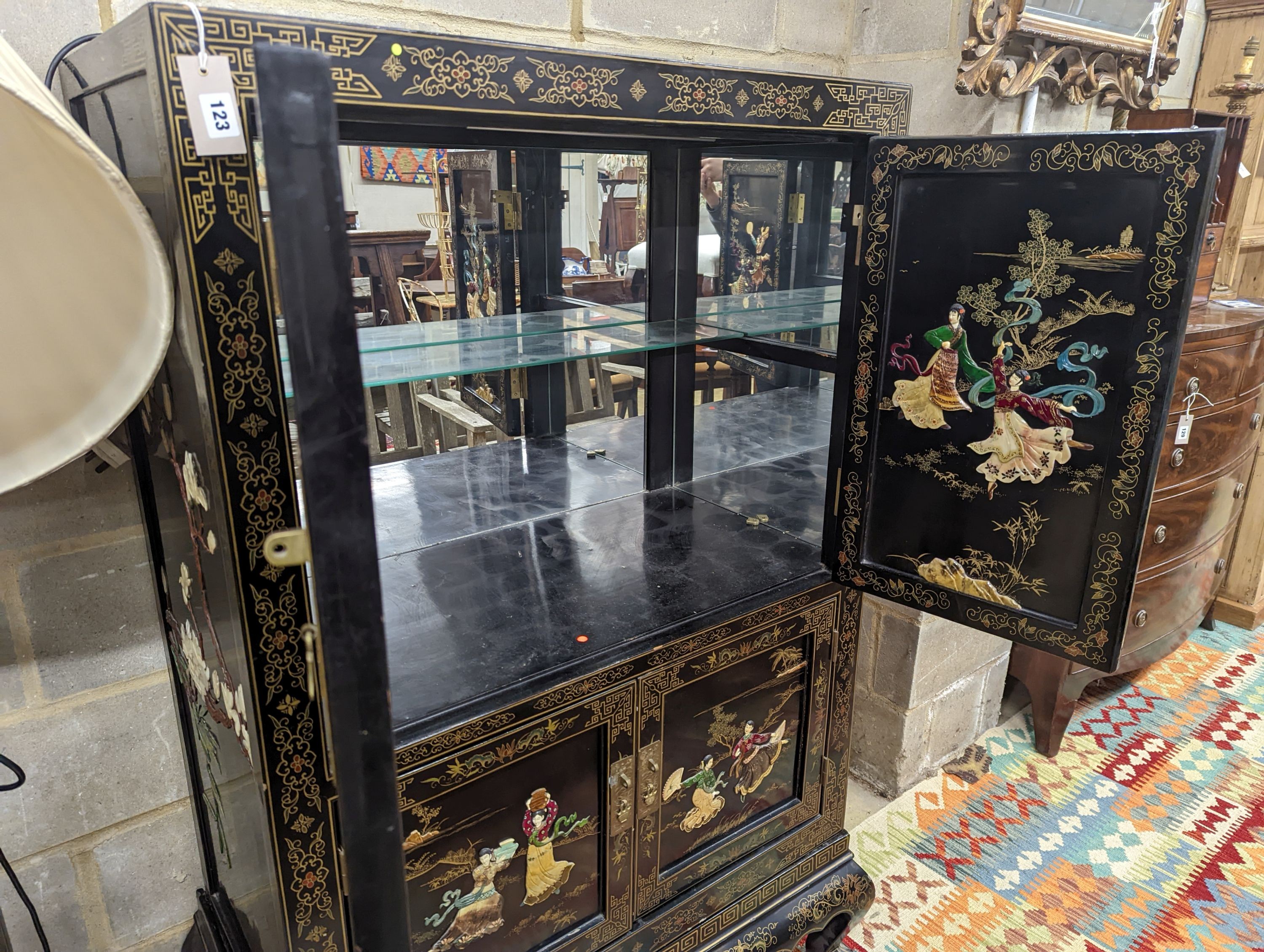 A Chinese hardstone mounted black lacquered four door side cabinet, width 92cm, depth 51cm, height 152cm